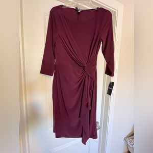 CHAPS Women’s Burgundy Rauched Faux Wrap rounded neck sheath Dress NEW